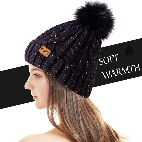 Womens Winter Warm Fleece Lined Knitted Soft Ski Cuff Beanie Hat with Pom Pom - Picture 3 of 5